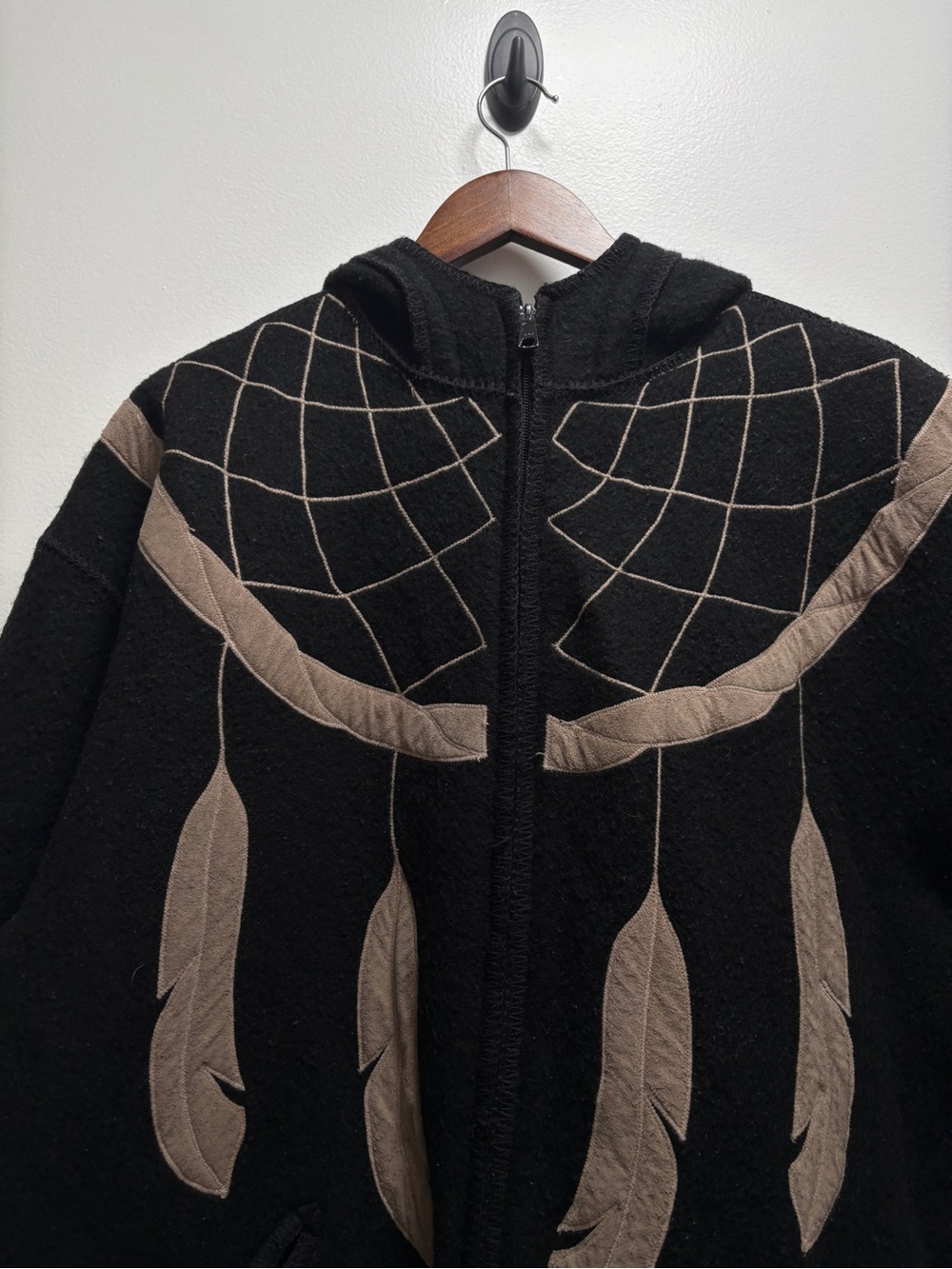 1980’s Black Hooded Wool Jacket with Taupe Feather Dreamcatcher Motif Cabincore